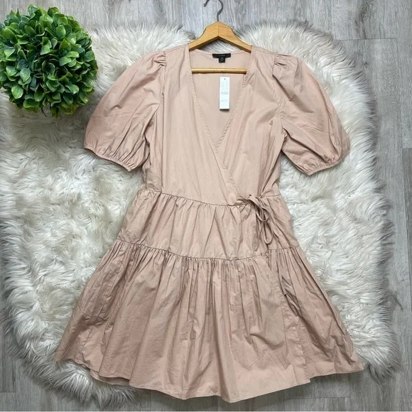 J.‎ Crew Puff Sleeve Cotton Poplin Wrap Dress V-Neck In Cream Nude - Picture 2 of 10